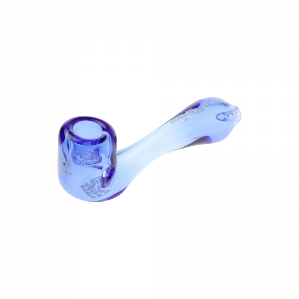 A side view of the “Puff Puff Pass “Blue Dream” Strain Pipe, showcasing its curved blue glass design against a plain white background.