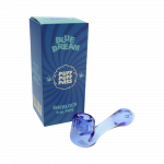 A front view of the "Puff Puff Pass "Blue Dream" Strain Pipe" showing a clear glass pipe with a curved neck and a wide bowl.