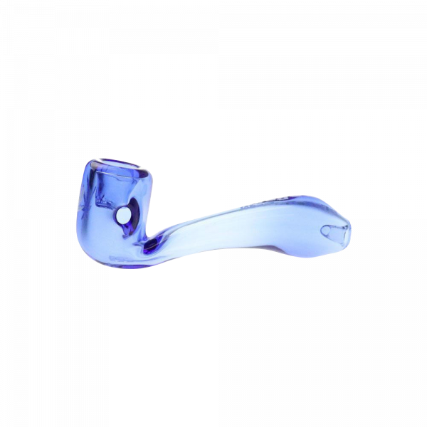 A side view of the "Puff Puff Pass "Blue Dream" Strain Pipe" showing its curved blue glass design against a plain white background.