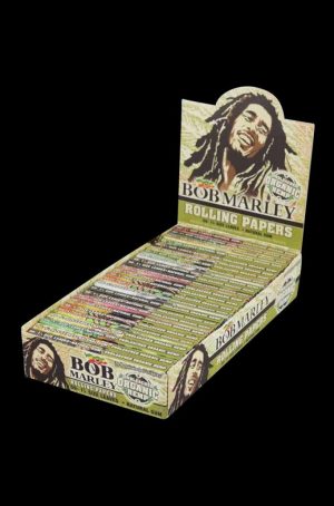 A front view of the Bob Marley Hemp Rolling Papers - 25 Pack, displaying the branded packaging with a portrait of Marley.