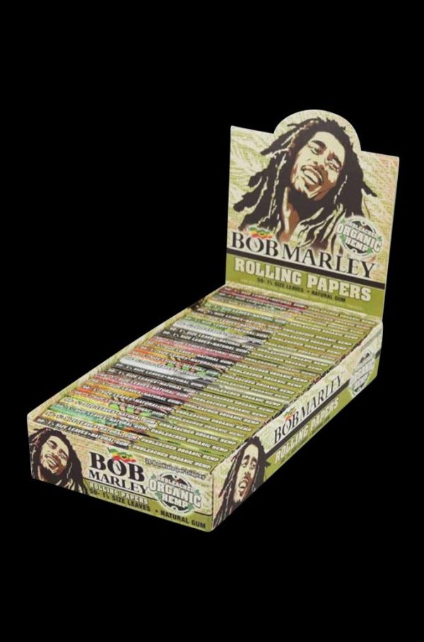 A front view of the Bob Marley Hemp Rolling Papers - 25 Pack, displaying the branded packaging with a portrait of Marley.