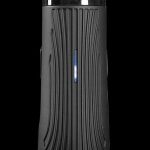 Front view of the Boundless CFC Lite Vaporizer, a sleek, black device with vertical ridges, against a dark backdrop.