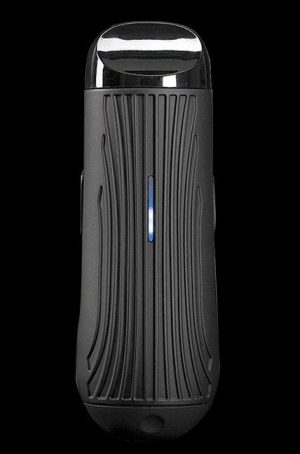 Front view of the Boundless CFC Lite Vaporizer, a sleek, black device with vertical ridges, against a dark backdrop.