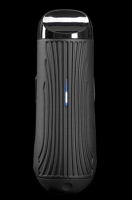 Front view of the Boundless CFC Lite Vaporizer, a sleek, black device with vertical ridges, against a dark backdrop.