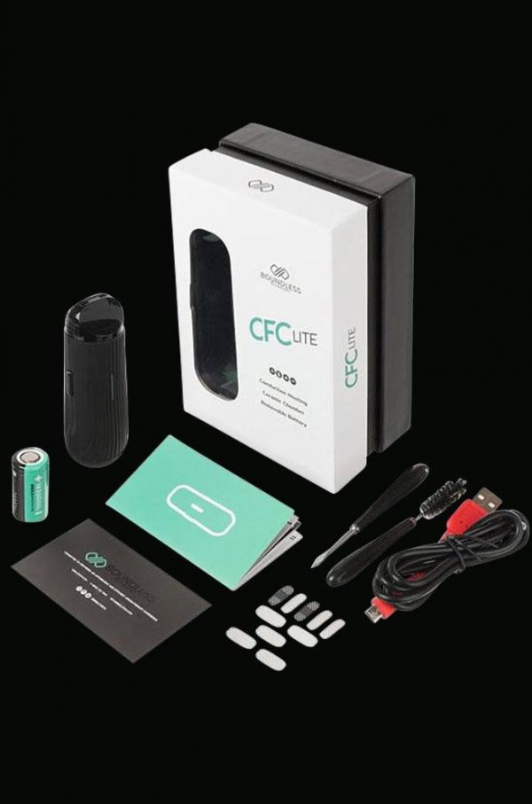 A top-down shot of the Boundless CFC Lite Vaporizer and included accessories neatly arranged on a white surface.
