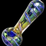 A diagonally angled view of the Butterfly Wing Macro Fumed Spoon Pipe, showcasing its colorful, swirling glass design.