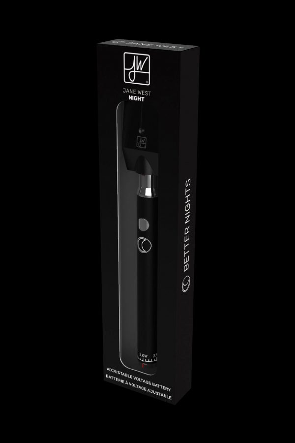 Black vape pen battery packaging for “Jane West Night” with adjustable voltage control.