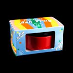 Colorful branded packaging for a red cannabis ashtray.