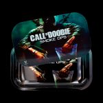 A plastic container displaying branding for “Call of Doobie Smoke Ops,” featuring a stylized, vibrant design with cannabis imagery and a soldier figure.