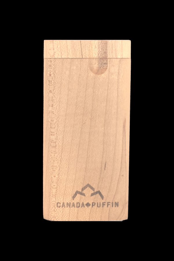 Wooden cannabis storage box with “Canada Puffin” logo.