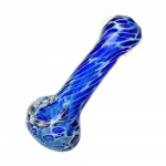 A three-quarter view of the Cellular Blue Glass Spoon Pipe, showcasing its curved form and swirling blue glass pattern.