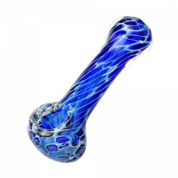 A three-quarter view of the Cellular Blue Glass Spoon Pipe, showcasing its curved form and swirling blue glass pattern.