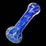 A side view of the Cellular Blue Glass Spoon Pipe shows a curved glass pipe with blue swirls and a rounded bowl.