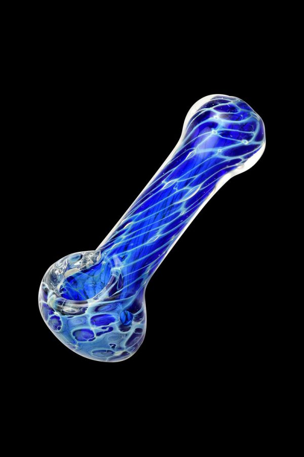 A side view of the Cellular Blue Glass Spoon Pipe shows a curved glass pipe with blue swirls and a rounded bowl.