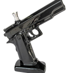 A side view of the Ceramic .45 Pistol Shaped Water Pipe, showcasing its dark ceramic finish and realistic handgun form.
