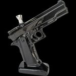 A front view of the Ceramic .45 Pistol Shaped Water Pipe, showcasing its glossy black ceramic finish and realistic pistol form.