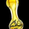 A side view of the Chains of Binding Glass Spoon Pipe, featuring swirling amber glass in a curved design.