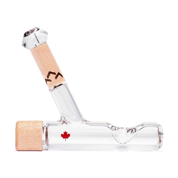 Front view of the Canada Puffin Chalet Steamroller, a clear glass pipe with a wooden accent, angled against a white backdrop.