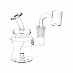 Front view of the Clear Glass Mini Rig, showing a small, clear glass rig with a curved mouthpiece and visible joint.