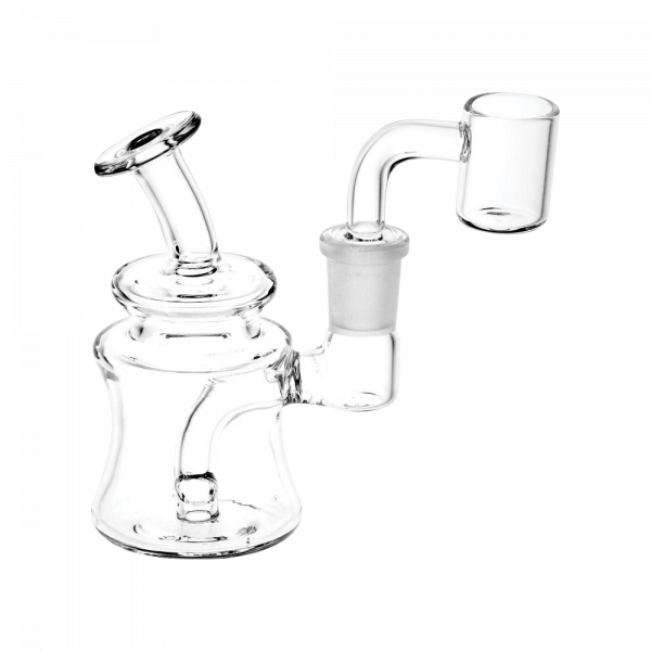 Front view of the Clear Glass Mini Rig, showing a small, clear glass rig with a curved mouthpiece and visible joint.