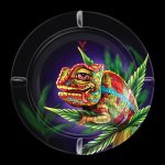 Vaporizer tray featuring a colorful chameleon perched on a leafy branch, with cannabis bud accents.