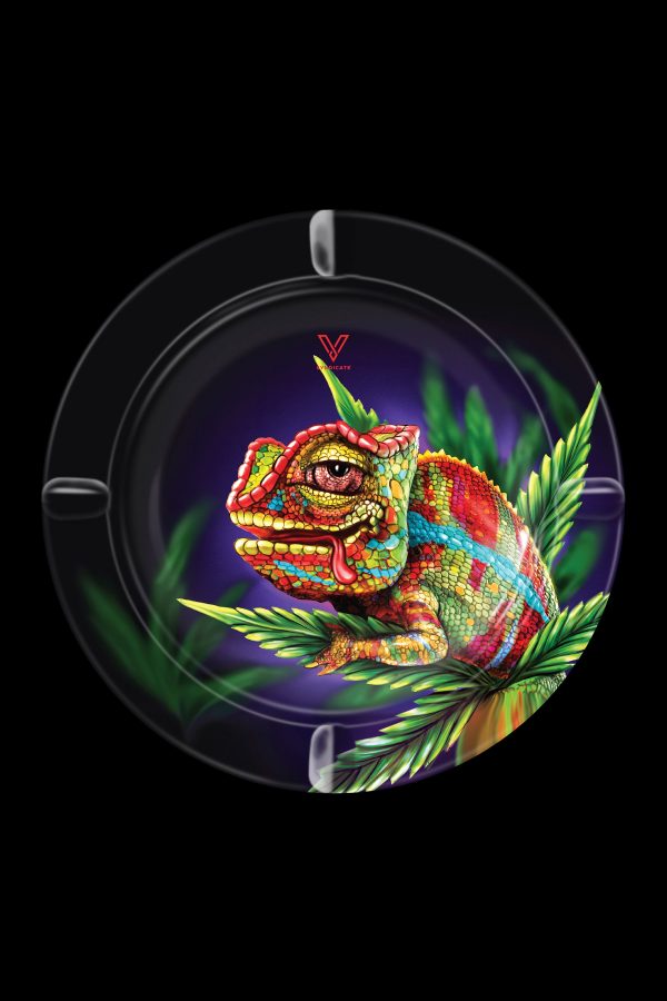 Vaporizer tray featuring a colorful chameleon perched on a leafy branch, with cannabis bud accents.