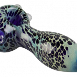 A side view of the Color Spotted Glass Hand Pipe, showing a speckled glass design in shades of blue and green.