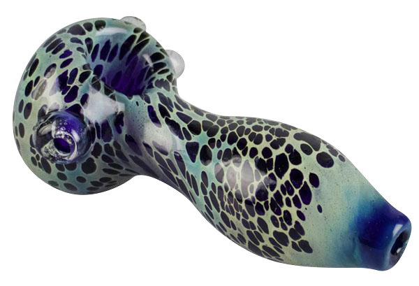 A side view of the Color Spotted Glass Hand Pipe, showing a speckled glass design in shades of blue and green.