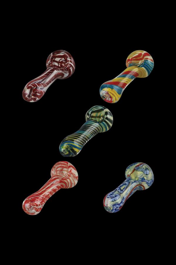 Front view of the Small Portable 3.25" Color Swirl Spoon Pipe, displaying a vibrant swirl pattern in a compact, handheld design.