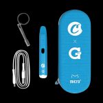 Front view of the Cookies x G Pen Micro+ Concentrate Vaporizer with its charging cable, displayed against a blue backdrop.
