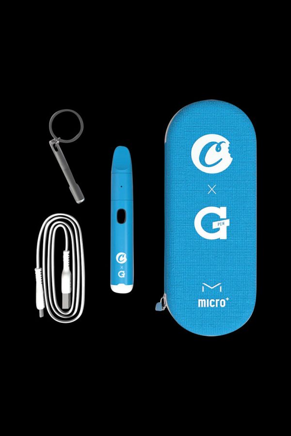 Front view of the Cookies x G Pen Micro+ Concentrate Vaporizer with its charging cable, displayed against a blue backdrop.