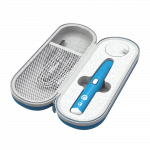 Top-down view of the open Cookies x G Pen Micro+ Concentrate Vaporizer case, revealing the blue device nestled in molded foam.