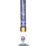 Purple glass water pipe with abstract doodle pattern and gold accent.