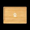 Bamboo rolling tray with a white cannabis leaf logo.