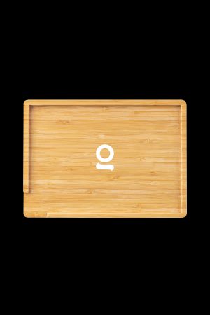 Bamboo rolling tray with a white cannabis leaf logo.