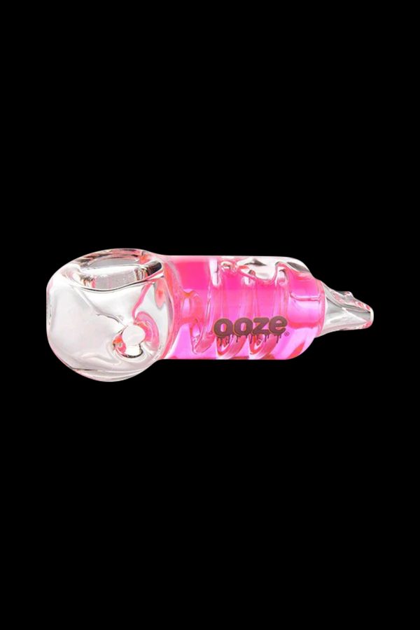 Pink glass smoking pipe with "ooze" branding.