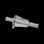 Clear glass bubbler with a branded logo.