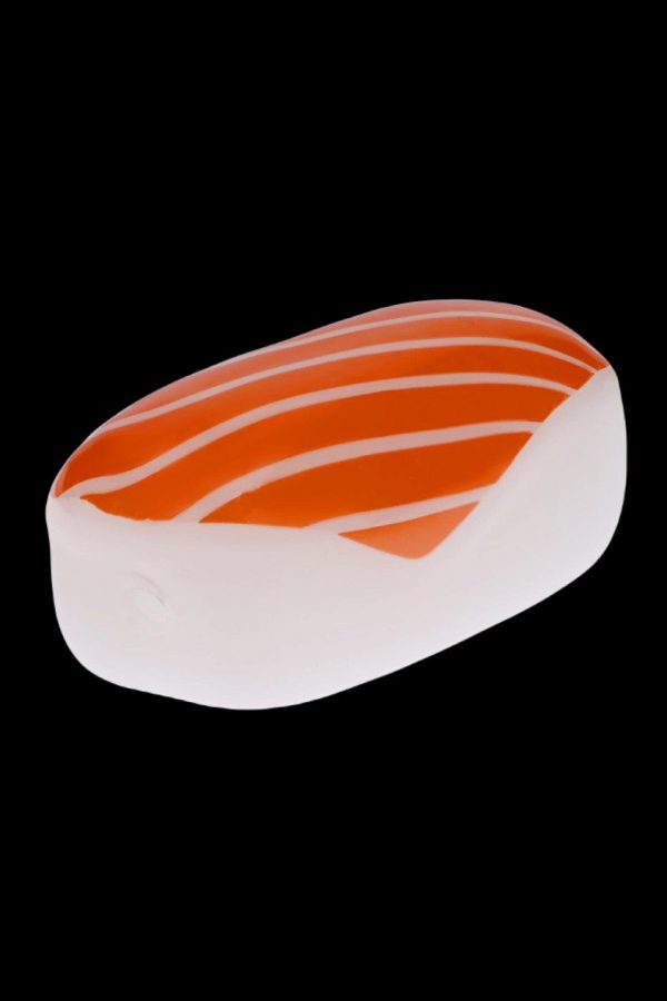 Orange and white sushi-shaped smoking device.