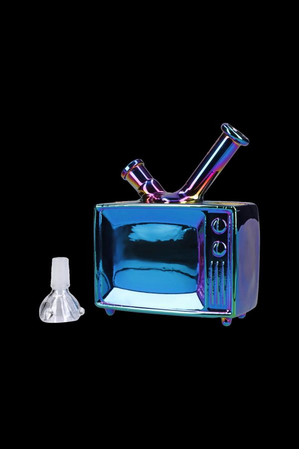 Iridescent glass water pipe shaped like a vintage television with a separate glass bowl.