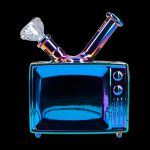 Iridescent glass water pipe shaped like a retro television.