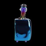 Iridescent glass water pipe against a black background.