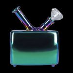 Iridescent glass water pipe resembling a handbag, isolated on black.