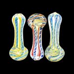 Front view of the DNA Twist Spoon Pipe, showcasing its colorful, swirling glass design against a dark backdrop.