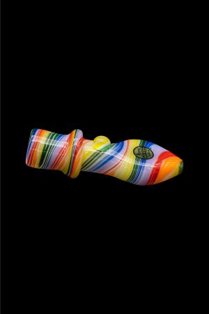 Colorful glass pipe against a black background.