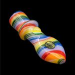 Colorful glass pipe with a “Made in USA” sticker against a black background.