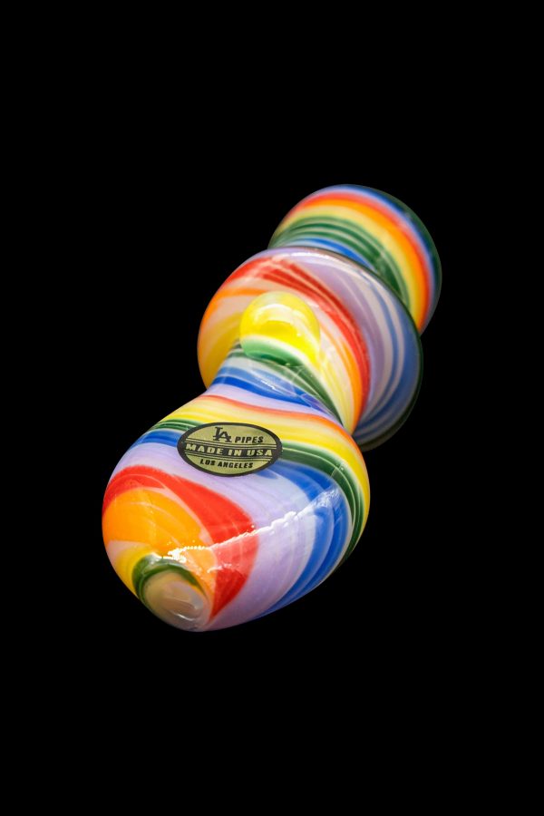Colorful glass pipe with "LA Pipes - Made in USA - Los Angeles" branding.