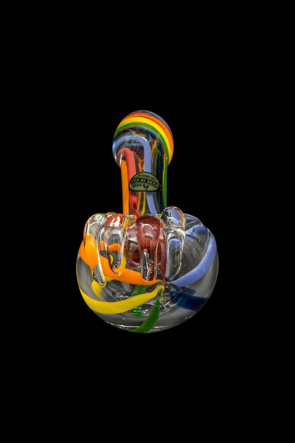 Colorful glass bubbler pipe isolated on a black background.