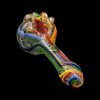 Hand-blown glass pipe with colorful swirls against a black background.