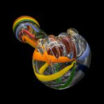 Hand-blown glass cannabis pipe with colorful swirls.