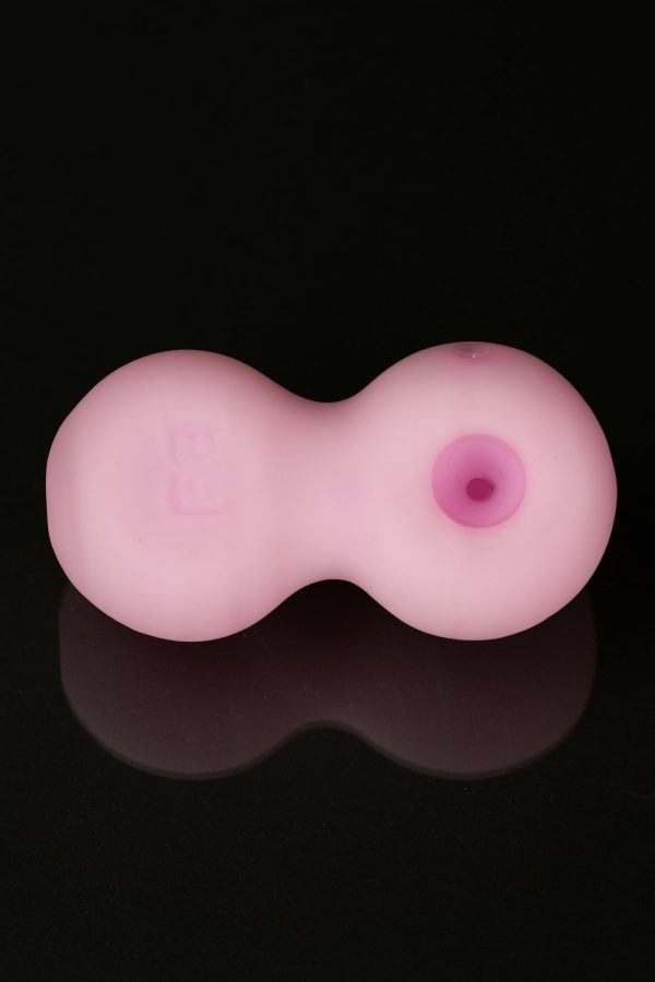 Pink double-bubbler glass pipe with a visible mouthpiece.